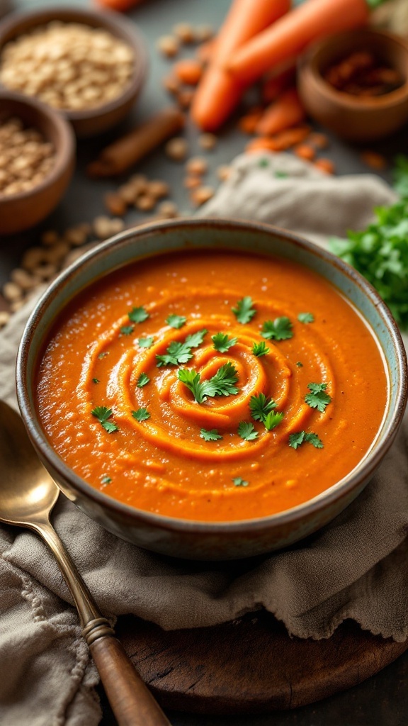 A bowl of red lentil soup garnished with cilantro, surrounded by fresh ingredients on a wooden table.